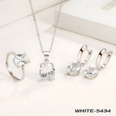 American Diamond Oval Single Stone Combo Silver White Locket, Ring, Earpin (Exclusive)